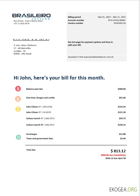 Brésil Braziliero Telecom facture de télécommunications d'entreprise modèle Word et PDF
